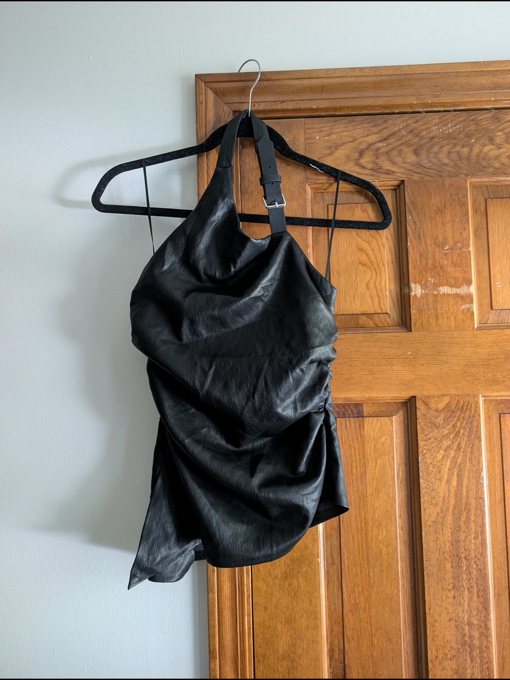 Zara Black Faux-Leather Halter Top with Buckle Neck Strap